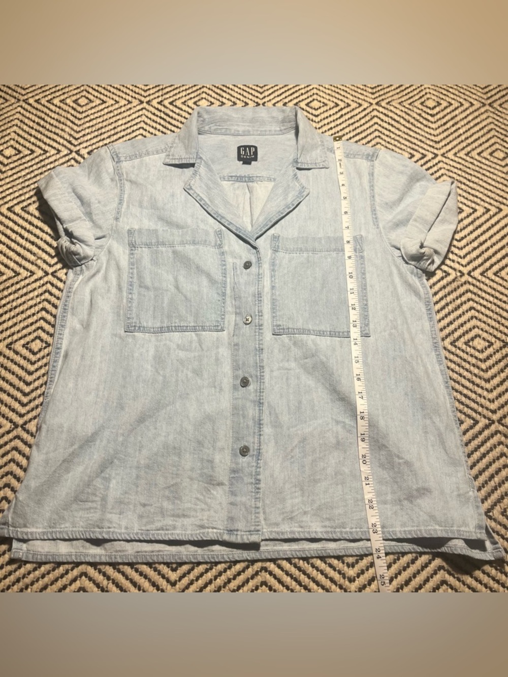 Classic denim light wash short sleeve button down 100% cotton classic - Picture 3 of 6